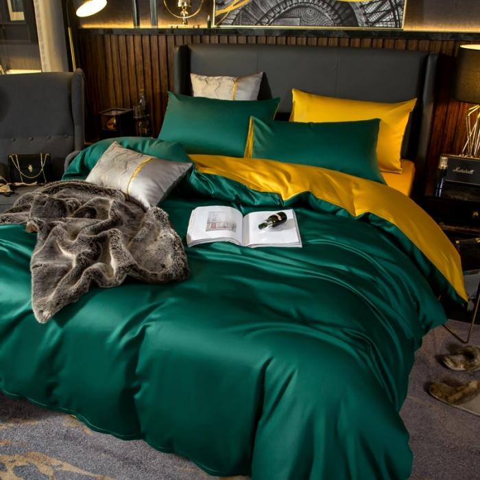 91家纺网 家纺一手货源 找家纺 绵庭家纺 2020新款长绒棉双拼四件套 墨绿+姜黄