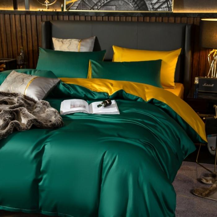 91家纺网 家纺一手货源 找家纺 绵庭家纺 2020新款长绒棉双拼四件套 墨绿+姜黄