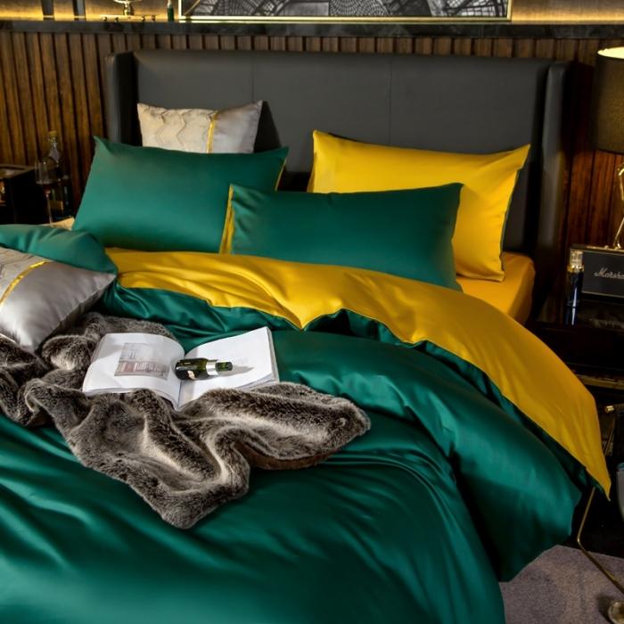 91家纺网 家纺一手货源 找家纺 绵庭家纺 2020新款长绒棉双拼四件套 墨绿+姜黄