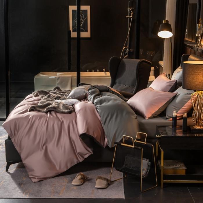 91家纺网 家纺一手货源 找家纺 绵庭家纺 2020新款长绒棉双拼四件套 紫豆莎 +高级灰