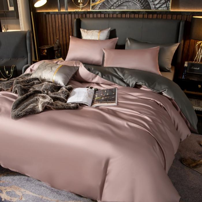 91家纺网 家纺一手货源 找家纺 绵庭家纺 2020新款长绒棉双拼四件套 紫豆莎 +高级灰