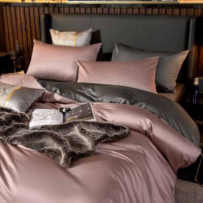 91家纺网 家纺一手货源 找家纺 绵庭家纺 2020新款长绒棉双拼四件套 紫豆莎 +高级灰