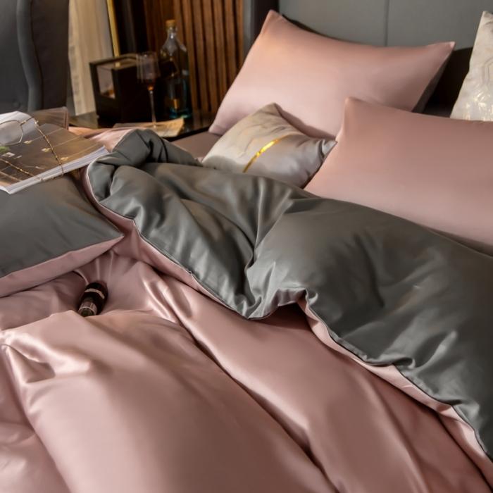 91家纺网 家纺一手货源 找家纺 绵庭家纺 2020新款长绒棉双拼四件套 紫豆莎 +高级灰