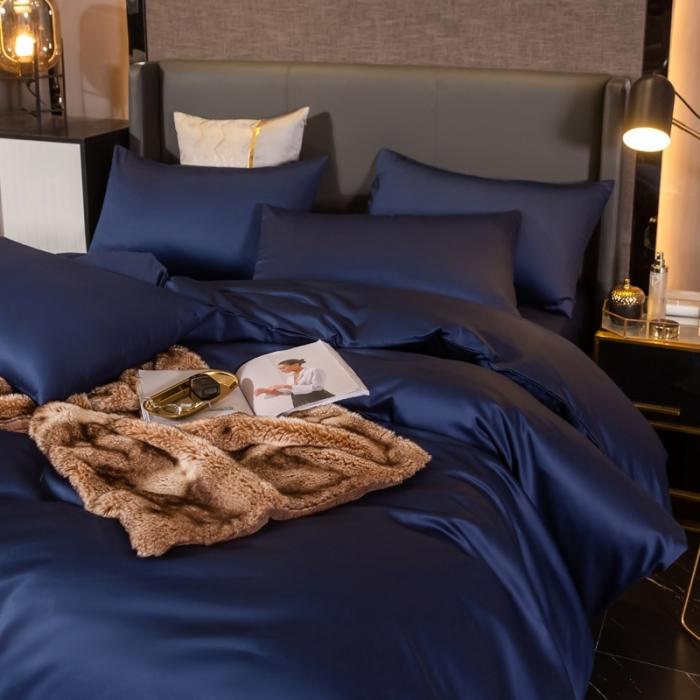 91家纺网 家纺一手货源 找家纺 绵庭家纺 2020新款素色长绒棉四件套 藏青
