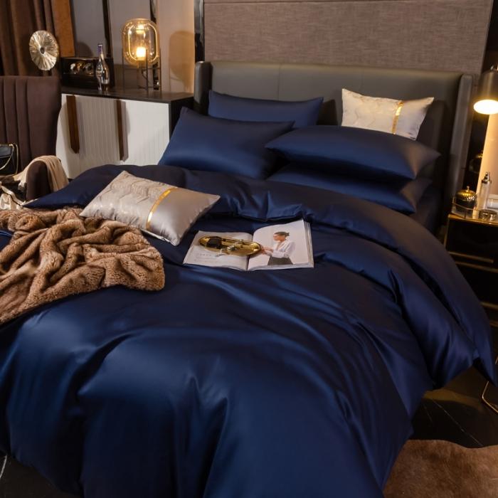 91家纺网 家纺一手货源 找家纺 绵庭家纺 2020新款素色长绒棉四件套 藏青