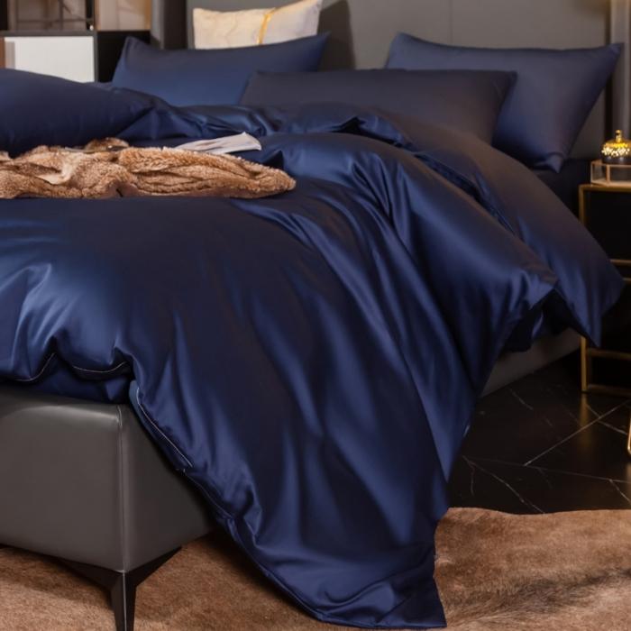 91家纺网 家纺一手货源 找家纺 绵庭家纺 2020新款素色长绒棉四件套 藏青