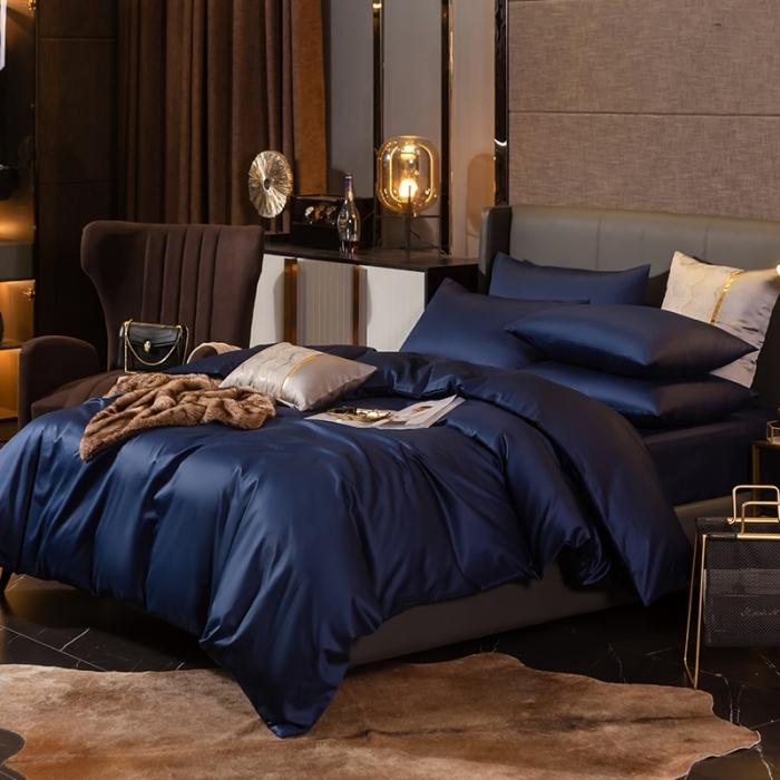 91家纺网 家纺一手货源 找家纺 绵庭家纺 2020新款素色长绒棉四件套 藏青