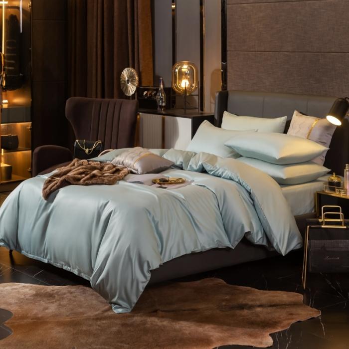 91家纺网 家纺一手货源 找家纺 绵庭家纺 2020新款素色长绒棉四件套 梵星蓝