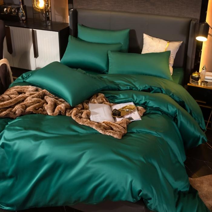 91家纺网 家纺一手货源 找家纺 绵庭家纺 2020新款素色长绒棉四件套 墨绿