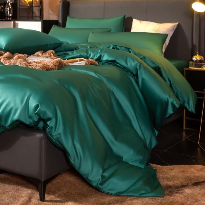 91家纺网 家纺一手货源 找家纺 绵庭家纺 2020新款素色长绒棉四件套 墨绿
