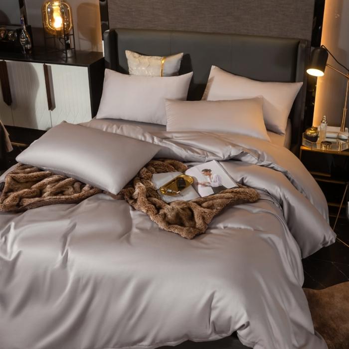 91家纺网 家纺一手货源 找家纺 绵庭家纺 2020新款素色长绒棉四件套 银石灰