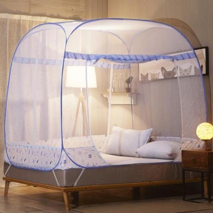 91家纺网 家纺一手货源 找家纺 海虹蚊帐 新款方顶免安装钢丝蚊帐 简约蓝