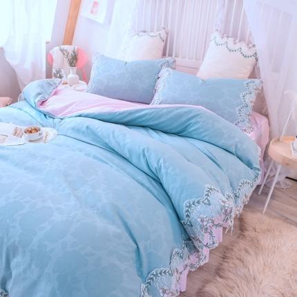 绒世界 2021新品玫瑰秘密系列四件套床裙款慕蓝+粉