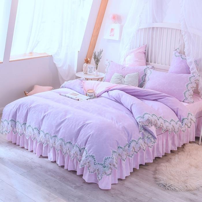 91家纺网 家纺一手货源 找家纺 绒世界 2021新品玫瑰秘密系列四件套床裙款玫瑰秘密-紫粉