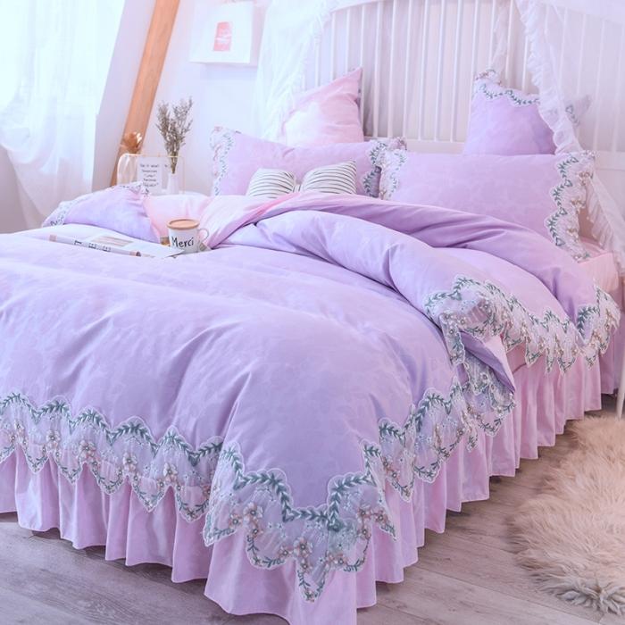 91家纺网 家纺一手货源 找家纺 绒世界 2021新品玫瑰秘密系列四件套床裙款玫瑰秘密-紫粉
