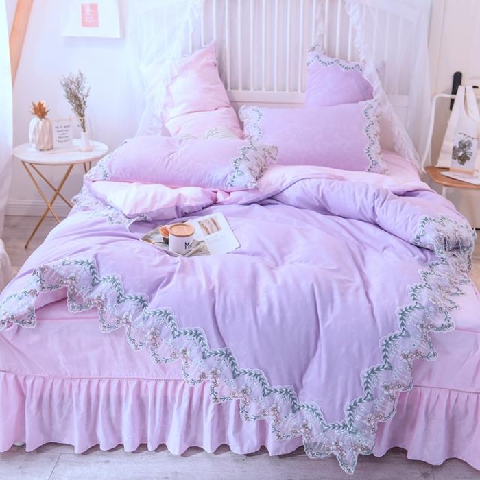 91家纺网 家纺一手货源 找家纺 绒世界 2021新品玫瑰秘密系列四件套床裙款玫瑰秘密-紫粉