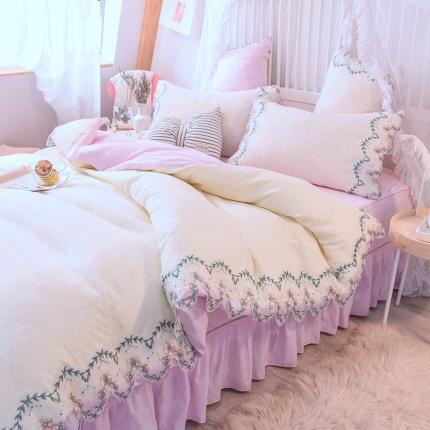 绒世界 2021新品玫瑰秘密系列四件套床裙款玫瑰秘密-粉白