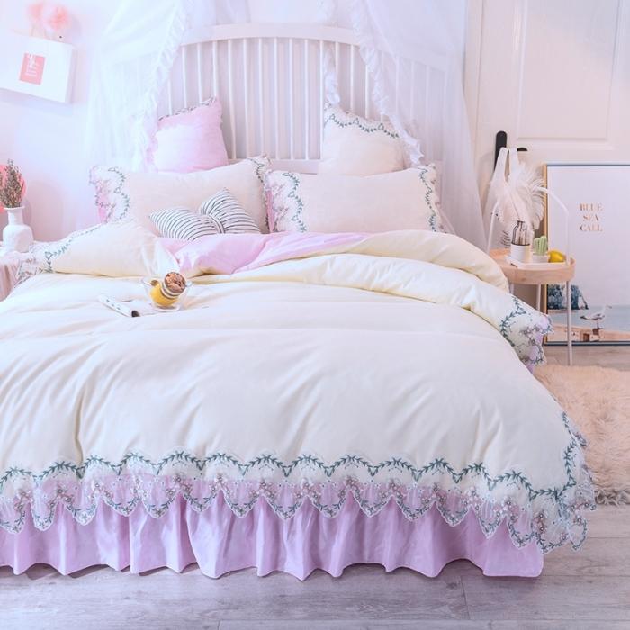 91家纺网 家纺一手货源 找家纺 绒世界 2021新品玫瑰秘密系列四件套床裙款玫瑰秘密-粉白