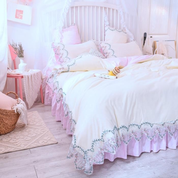 91家纺网 家纺一手货源 找家纺 绒世界 2021新品玫瑰秘密系列四件套床裙款玫瑰秘密-粉白