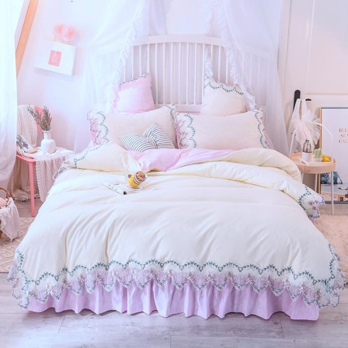 91家纺网 家纺一手货源 找家纺 绒世界 2021新品玫瑰秘密系列四件套床裙款玫瑰秘密-粉白