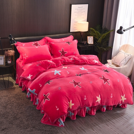 91家纺网 家纺一手货源 找家纺 佰诗特新品牛奶金貂绒 水晶床裙款加厚貂狐绒法兰绒法莱绒四件套