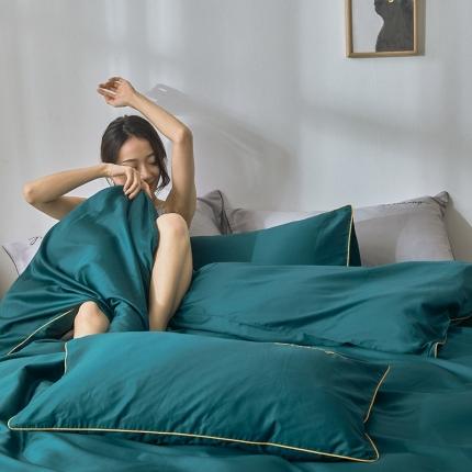 91家纺网 家纺一手货源 找家纺 玖弘家居 2020新款60支长绒棉滚边刺绣四件套 松石绿