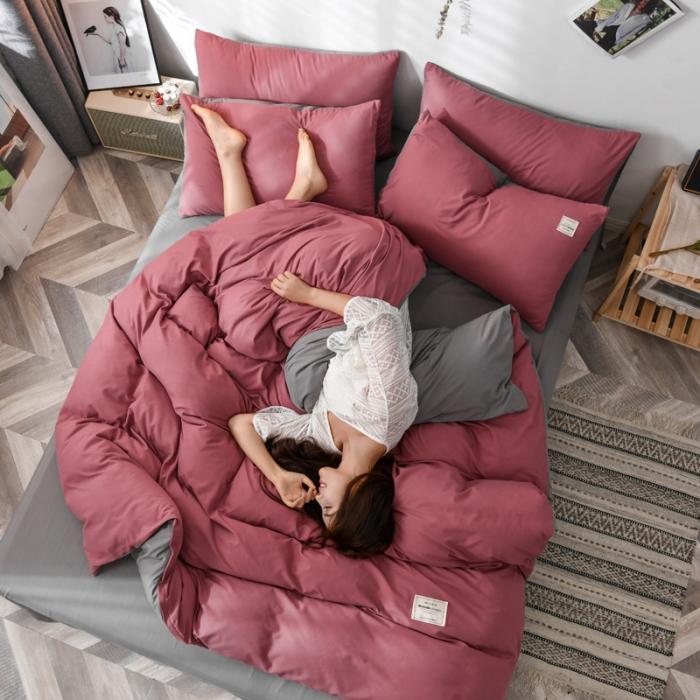 91家纺网 家纺一手货源 找家纺 花伞家居 加厚磨毛贴边四件套 豆沙+浅灰