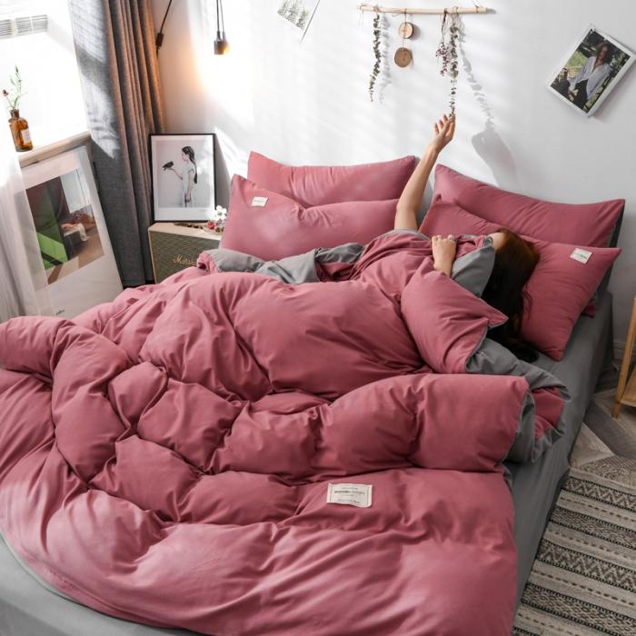 91家纺网 家纺一手货源 找家纺 花伞家居 加厚磨毛贴边四件套 豆沙+浅灰