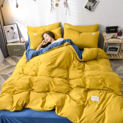 91家纺网 家纺一手货源 找家纺 花伞家居 加厚磨毛贴边四件套 姜黄+宝蓝