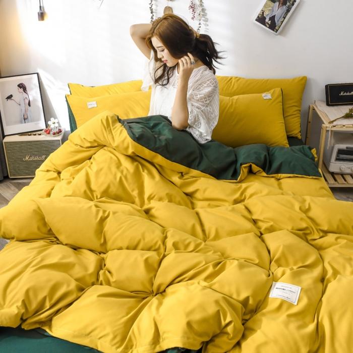 91家纺网 家纺一手货源 找家纺 花伞家居 加厚磨毛贴边四件套 姜黄+墨绿