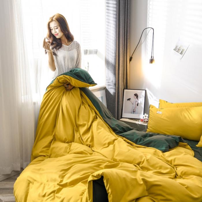 91家纺网 家纺一手货源 找家纺 花伞家居 加厚磨毛贴边四件套 姜黄+墨绿