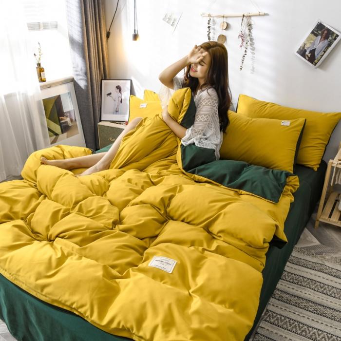 91家纺网 家纺一手货源 找家纺 花伞家居 加厚磨毛贴边四件套 姜黄+墨绿