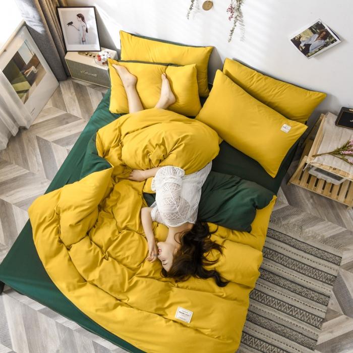 91家纺网 家纺一手货源 找家纺 花伞家居 加厚磨毛贴边四件套 姜黄+墨绿