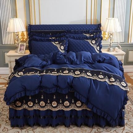 91家纺网 家纺一手货源 找家纺 情恒家纺 2025新款四季款细丝斜纹夹棉床裙被套枕套单品 宝蓝