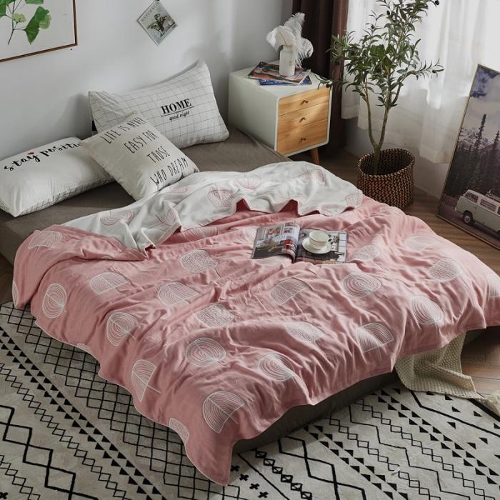 91家纺网 家纺一手货源 找家纺 朴尔 五层毛巾被薄款夏被纱布被子盖毯空调被全棉 抽象树-粉