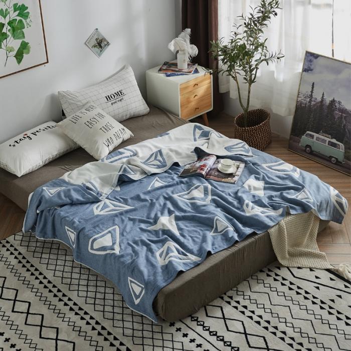 91家纺网 家纺一手货源 找家纺 朴尔 五层毛巾被薄款夏被纱布被子盖毯空调被全棉 立体三角-蓝