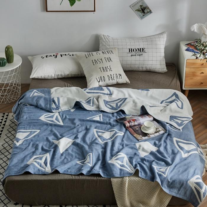 91家纺网 家纺一手货源 找家纺 朴尔 五层毛巾被薄款夏被纱布被子盖毯空调被全棉 立体三角-蓝