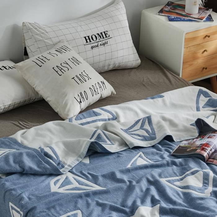 91家纺网 家纺一手货源 找家纺 朴尔 五层毛巾被薄款夏被纱布被子盖毯空调被全棉 立体三角-蓝