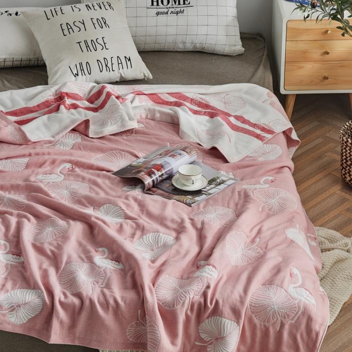 91家纺网 家纺一手货源 找家纺 朴尔 五层毛巾被薄款夏被纱布被子盖毯空调被全棉 鸟与树叶-粉