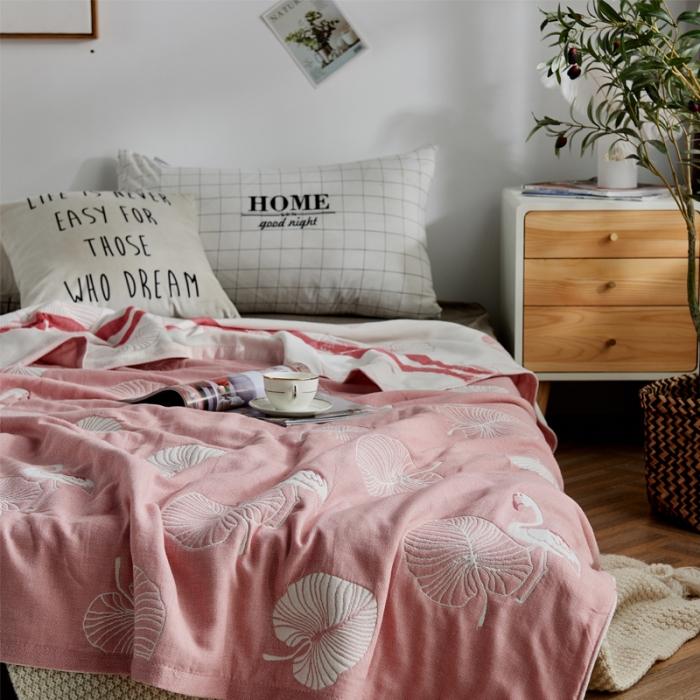 91家纺网 家纺一手货源 找家纺 朴尔 五层毛巾被薄款夏被纱布被子盖毯空调被全棉 鸟与树叶-粉