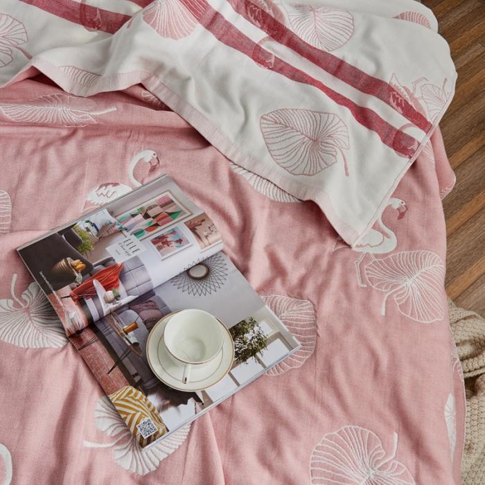 91家纺网 家纺一手货源 找家纺 朴尔 五层毛巾被薄款夏被纱布被子盖毯空调被全棉 鸟与树叶-粉