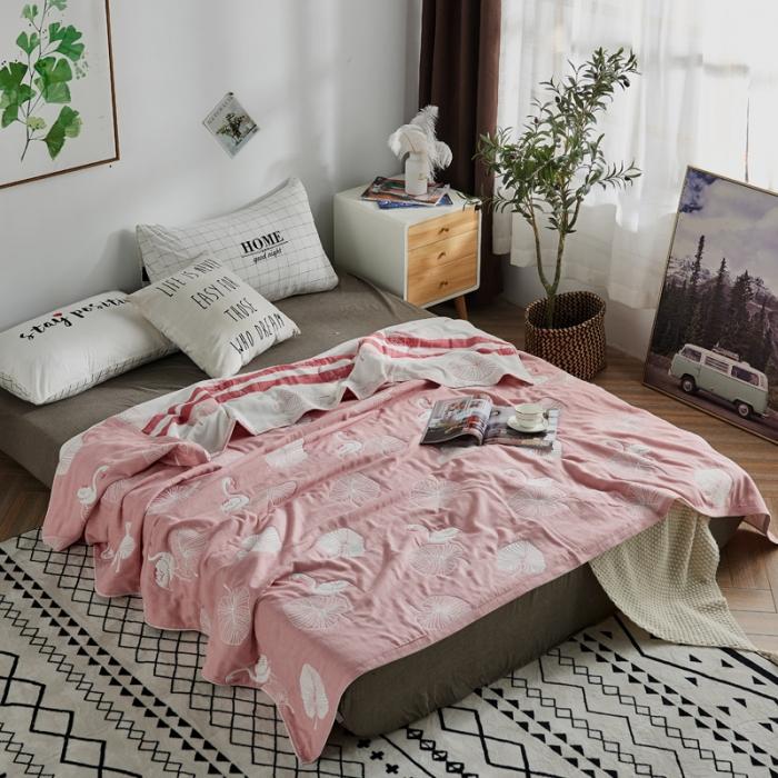 91家纺网 家纺一手货源 找家纺 朴尔 五层毛巾被薄款夏被纱布被子盖毯空调被全棉 鸟与树叶-粉