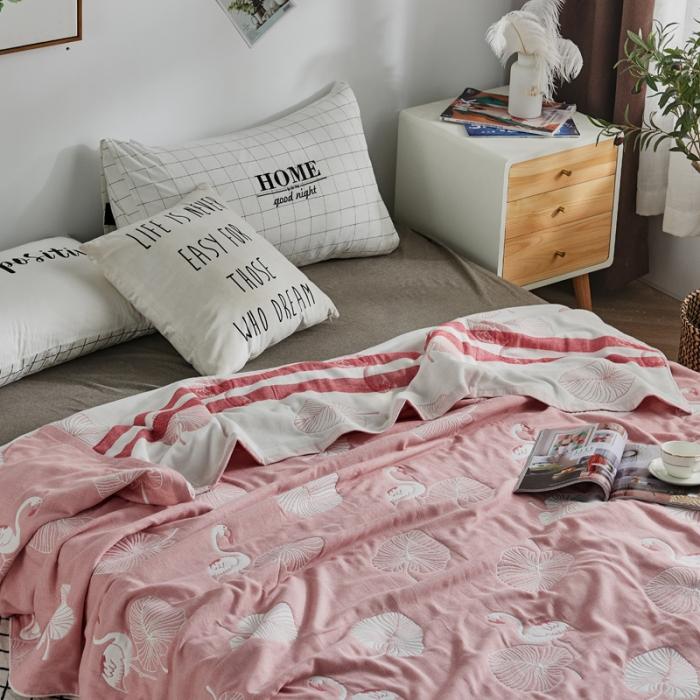 91家纺网 家纺一手货源 找家纺 朴尔 五层毛巾被薄款夏被纱布被子盖毯空调被全棉 鸟与树叶-粉