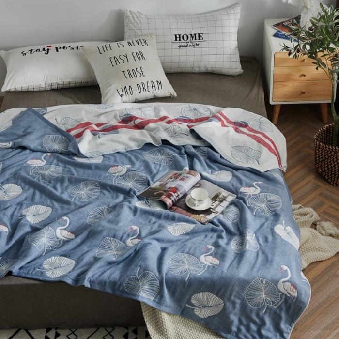91家纺网 家纺一手货源 找家纺 朴尔 五层毛巾被薄款夏被纱布被子盖毯空调被全棉 鸟与树叶-蓝