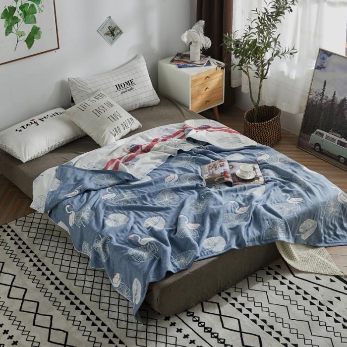 91家纺网 家纺一手货源 找家纺 朴尔 五层毛巾被薄款夏被纱布被子盖毯空调被全棉 鸟与树叶-蓝