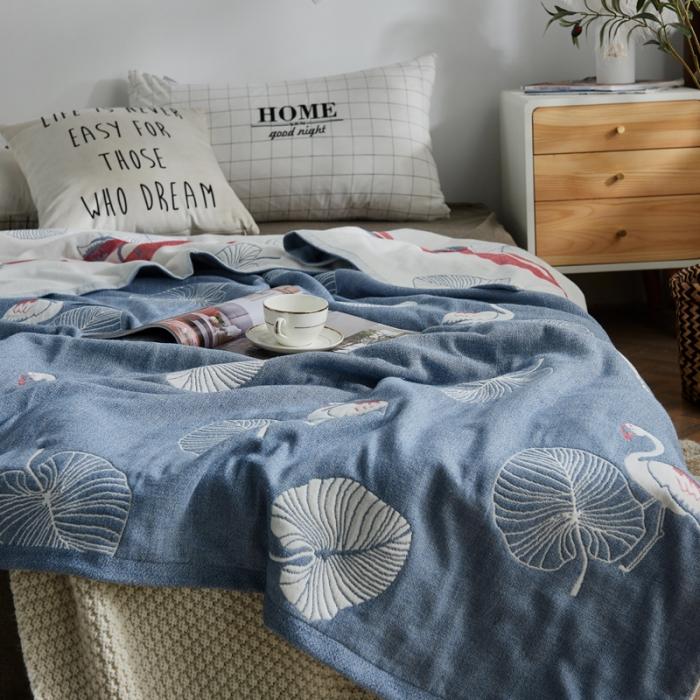 91家纺网 家纺一手货源 找家纺 朴尔 五层毛巾被薄款夏被纱布被子盖毯空调被全棉 鸟与树叶-蓝