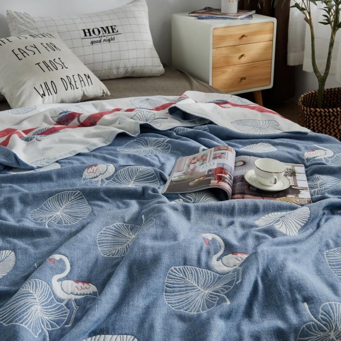 91家纺网 家纺一手货源 找家纺 朴尔 五层毛巾被薄款夏被纱布被子盖毯空调被全棉 鸟与树叶-蓝