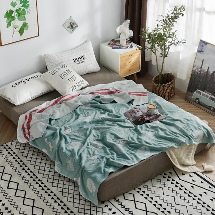 91家纺网 家纺一手货源 找家纺 朴尔 五层毛巾被薄款夏被纱布被子盖毯空调被全棉 鸟与树叶-绿