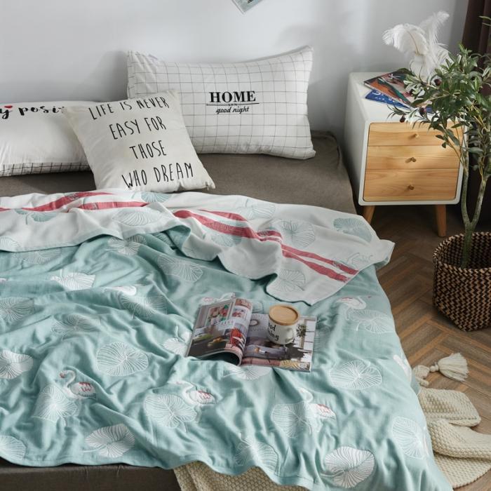 91家纺网 家纺一手货源 找家纺 朴尔 五层毛巾被薄款夏被纱布被子盖毯空调被全棉 鸟与树叶-绿