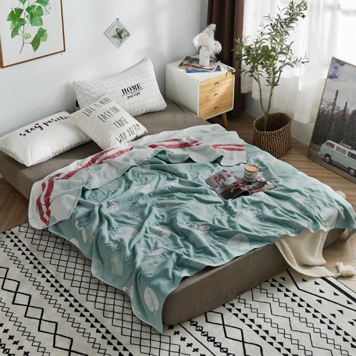 91家纺网 家纺一手货源 找家纺 朴尔 五层毛巾被薄款夏被纱布被子盖毯空调被全棉 鸟与树叶-绿